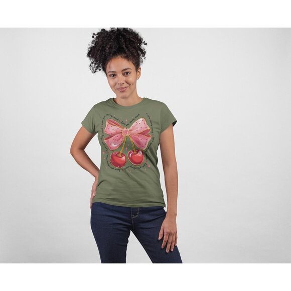 Valentine Cherries Tee Love T-Shirt Gift Shirt Valentines Day Top - Picture 5 of 11